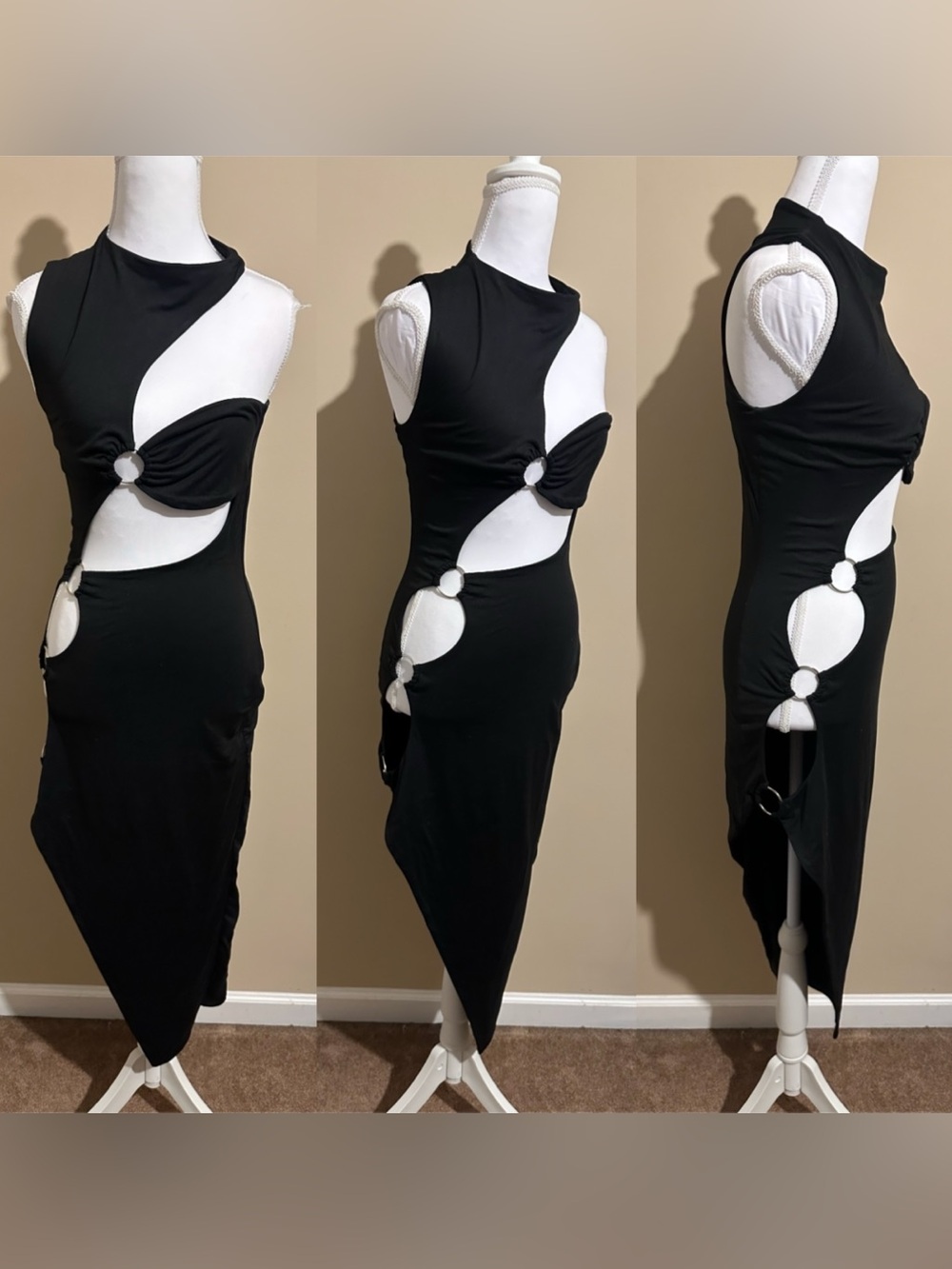 Black Cutout Ring-Detail Asymmetric Dress